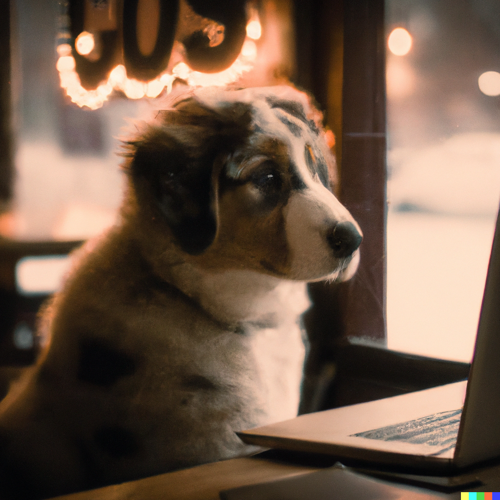 AI generated image of a dog working on a laptop