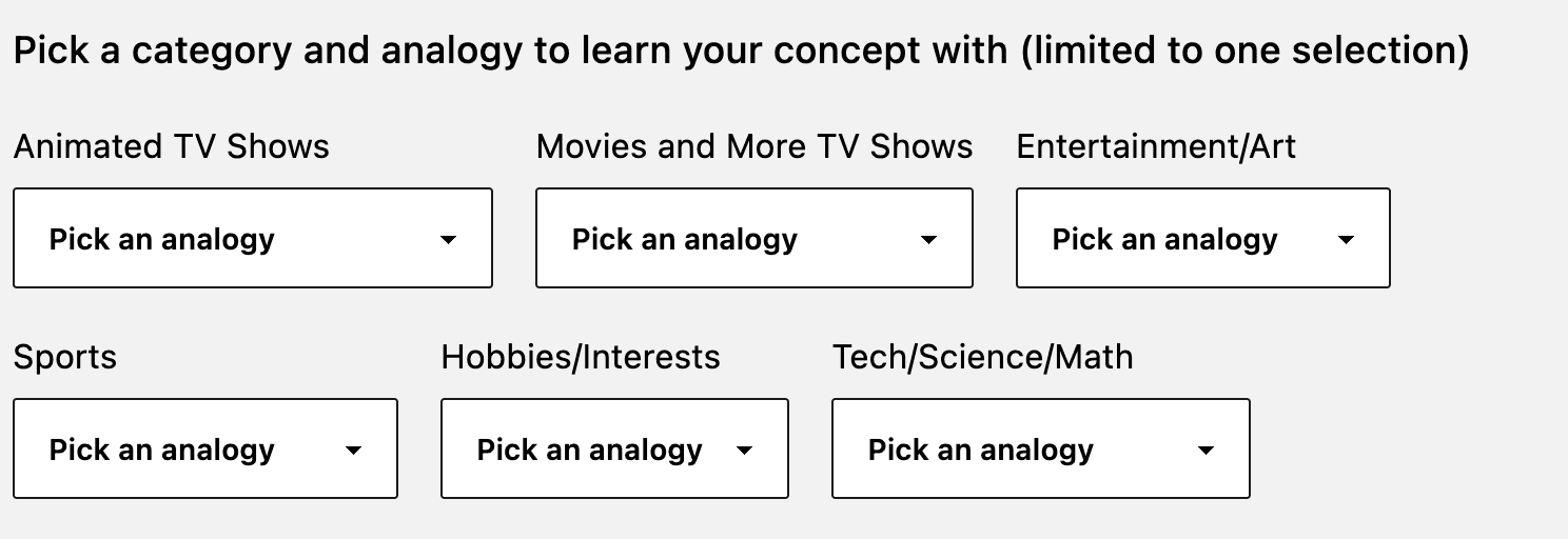 demo of categories and analogy selection on learn page